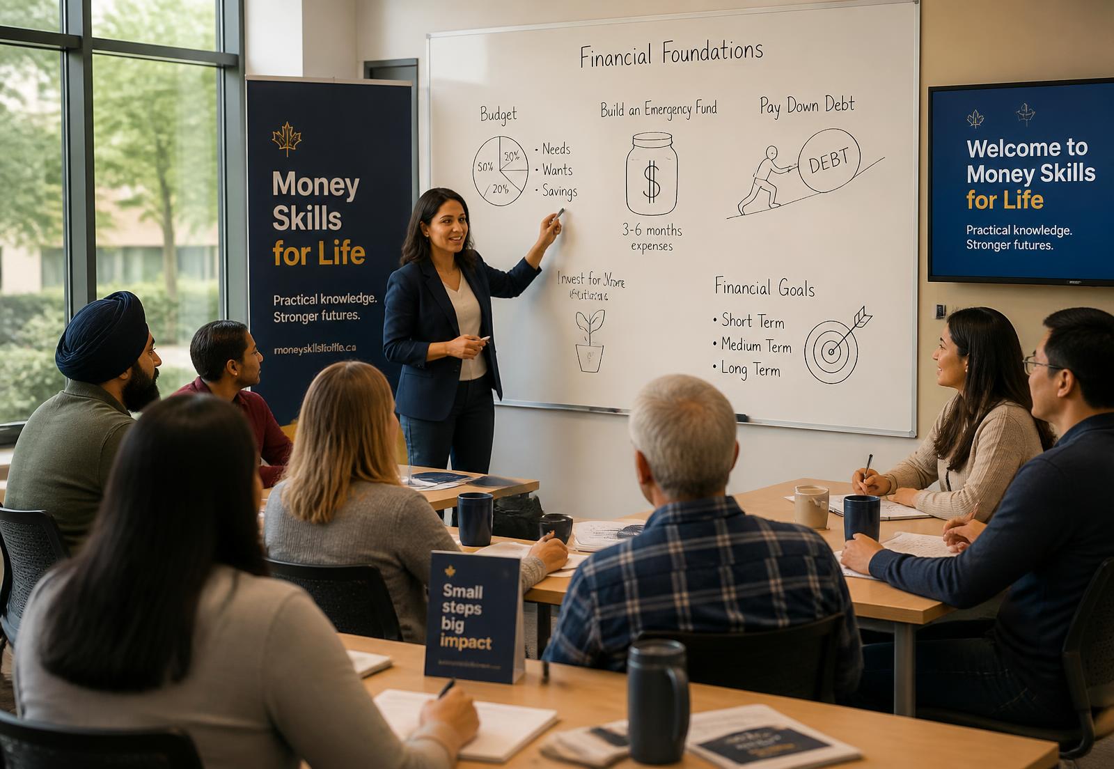 An instructor teaching a financial foundations workshop at a whiteboard